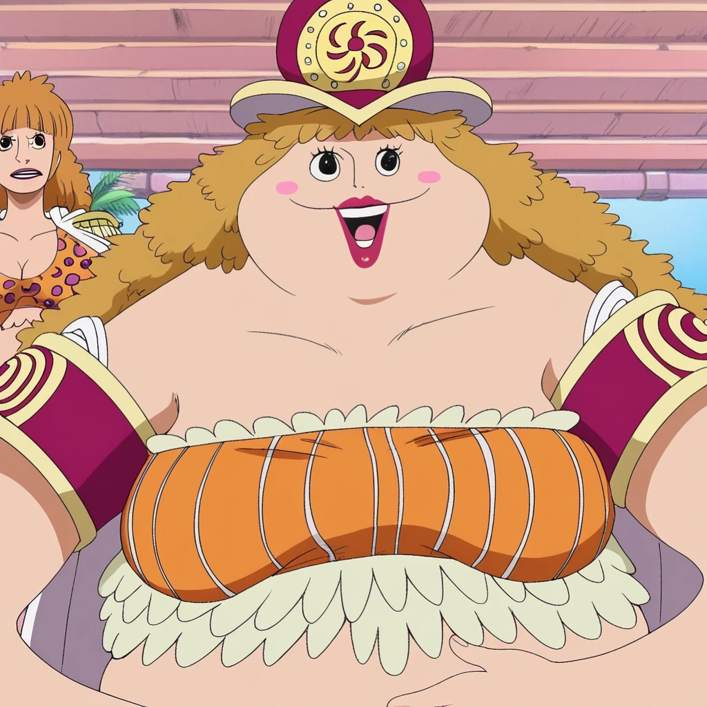 CosmosOP, 1girl, solo, big woman, muscular woman, large woman, chubby, light brown hair, long hair, black eyes, lips, lipstick, large breast, cleavage, bikini, short skirt, boots, cape, large belly, navel, bikini top only, hat, bushy hair, open mouth, smile, makeup, clothes patterns, armbands, seductive pose,