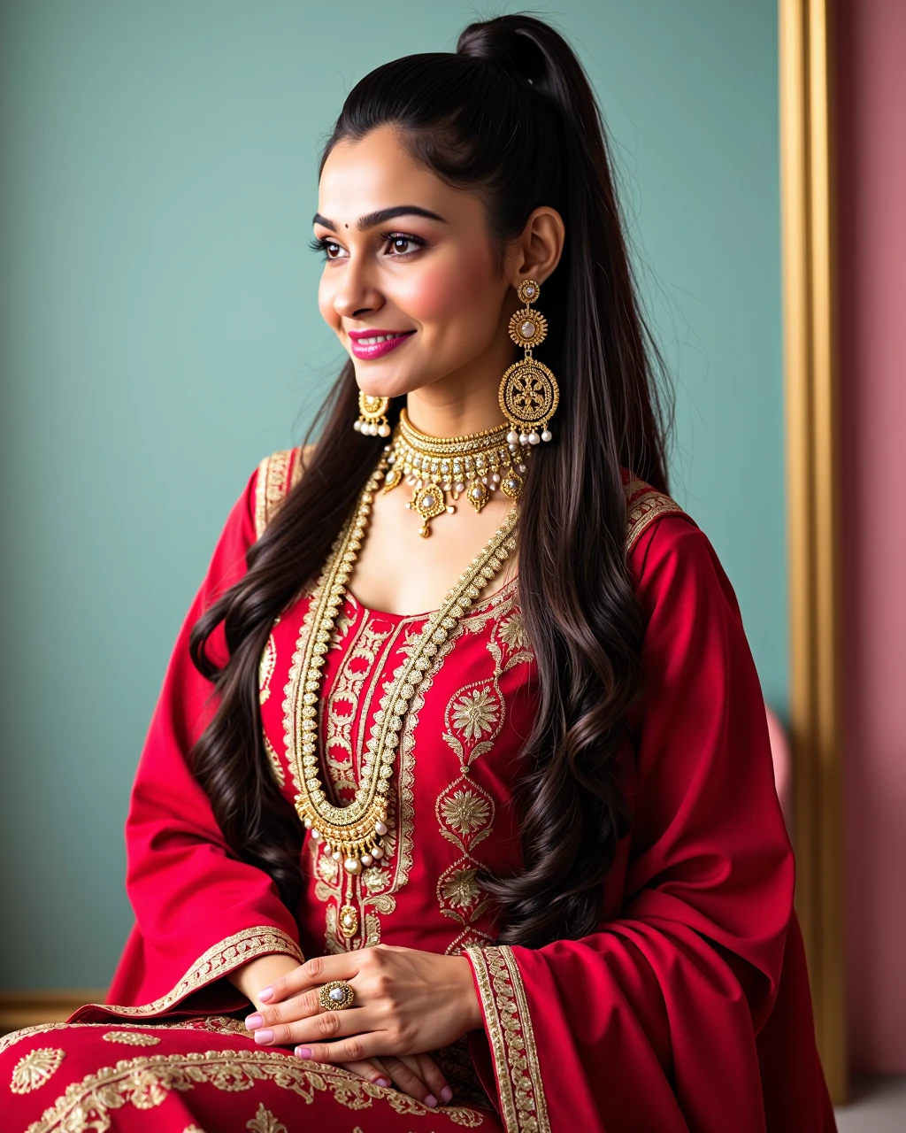 full body photo of Andrea Jeremiah woman,candid photo with natural colors, smiling expression on face,studio quality, wearing intricate conservative long sleeved Crimson Anarkali Suit, high ponytail, pastel shaded multicolored background, cinematic soft lighting<lora:TestBed\Andrea_Jeremiah_2024_Flux_Kohya_LoRA_v1-step00000200.safetensors:0.8:0.8>