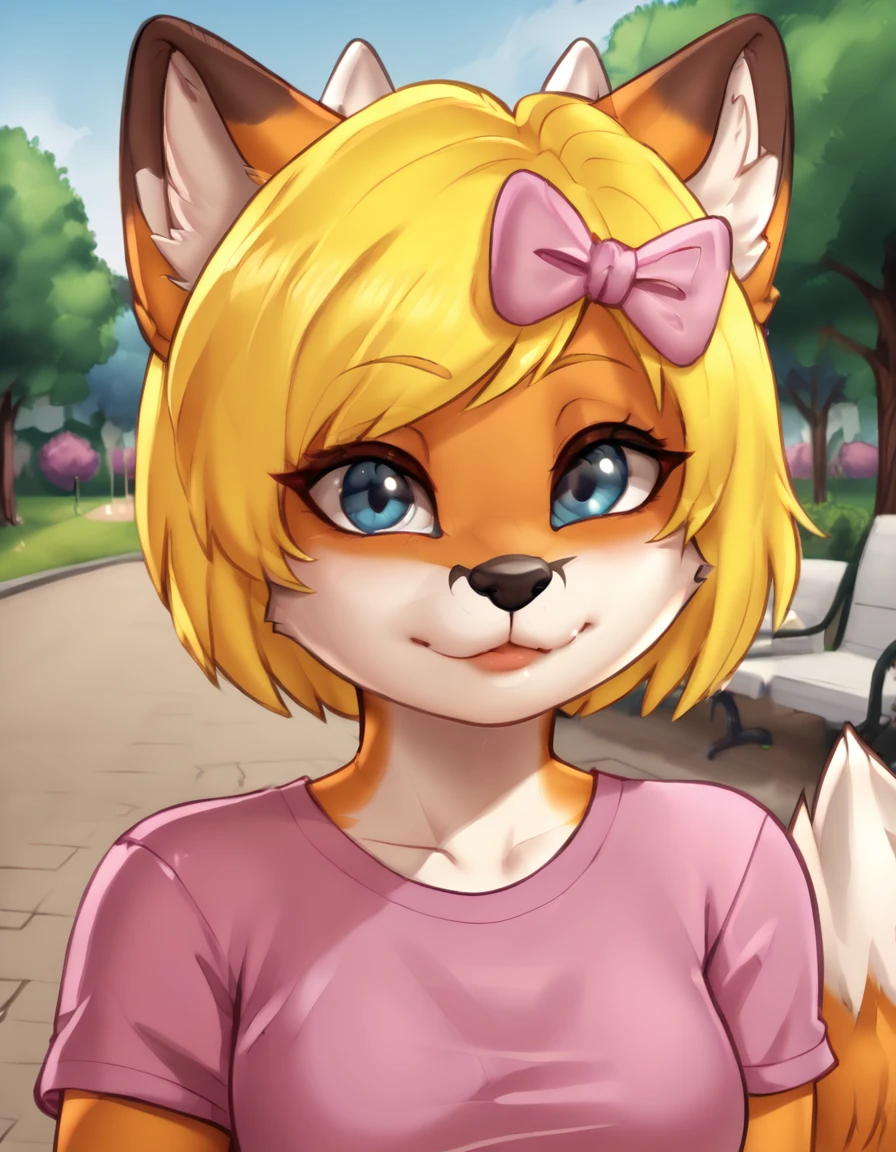 outdoors,detaile background,park,
Katinka,1girl,solo,short hair,blonde hair,animal ears,fox ears,furry female,fox tail,blue eyes,hair bow,pink bow,fox girl,white fur,animal nose,bangs,body fur,two-tone fur,
headshot,seductive smile,
pink t-shirt,
<lora:Katinka_v01_PDXL:1>,