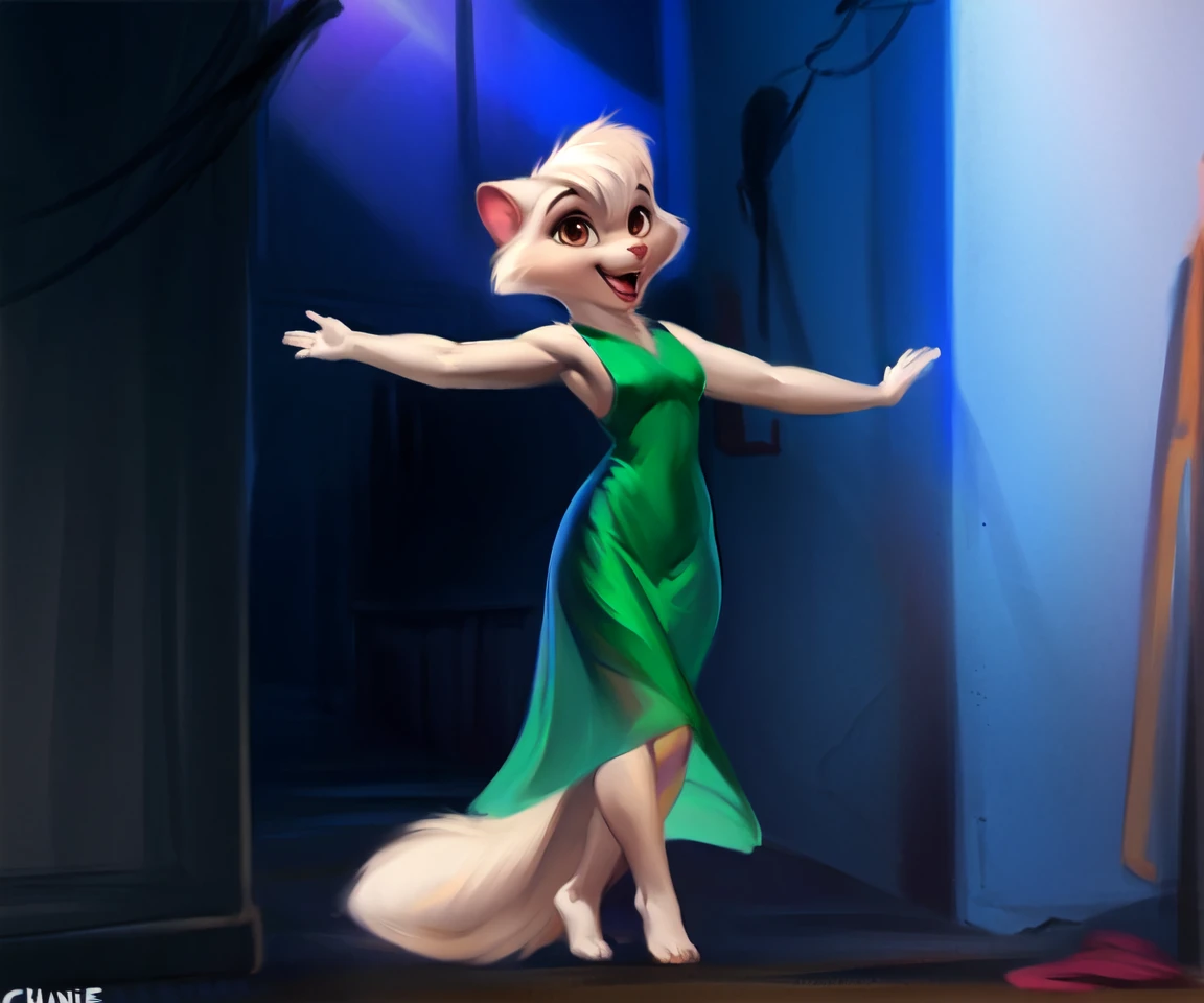 solo, sawyer, female, brown eyes, lipstick, green dress, open smile, dancing, spread arms, detailed background, alley, by chunie, <lora:Sawyer_01-Yiffymix-nd032-ep36:1>