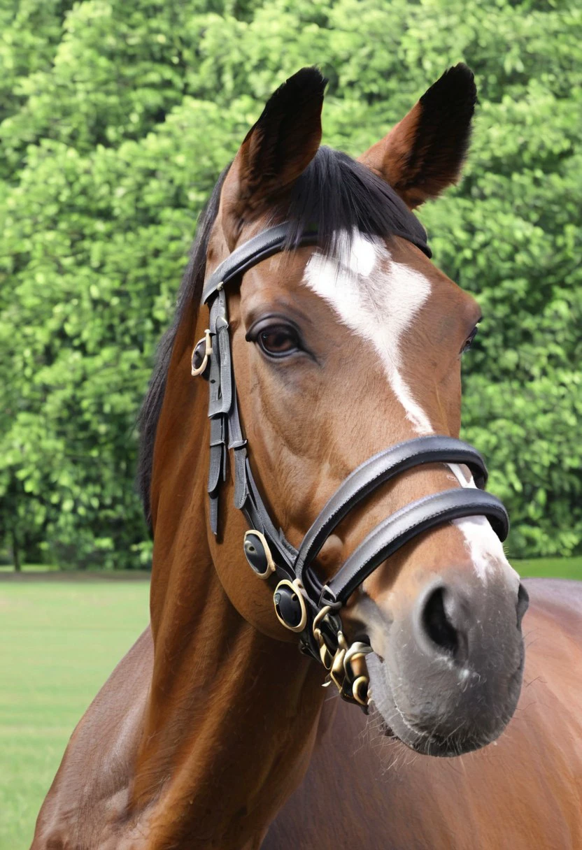 horsegal, a brown horse standing in a field with trees in the background, background, horse, animal, stallion, realistic