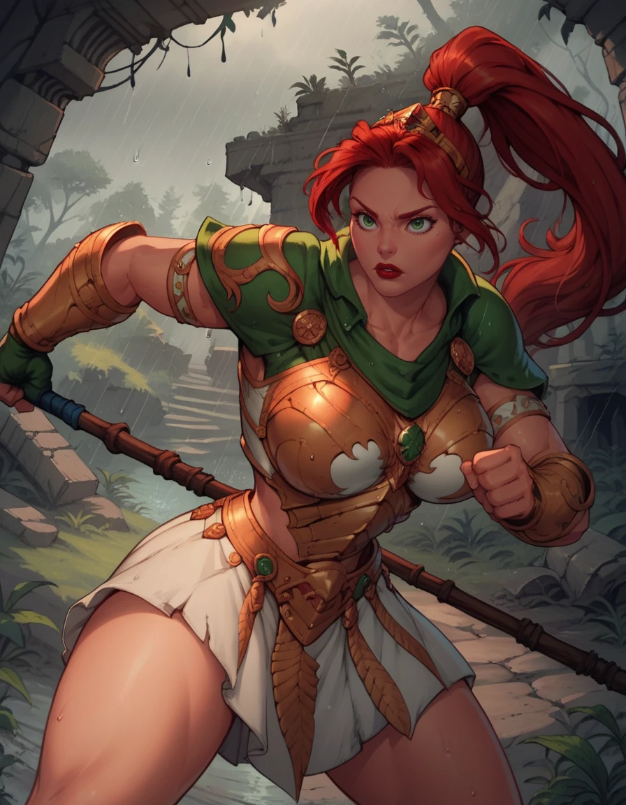 score_9, score_8_up, score_7_up, 1girl, solo,
large breasts, 
teeladg,
red hair, ponytail, green eyes, red lips, 
armor, white skirt, 
holding polearm,battle, fighting stance,
rain, ruins, forest,
 <lora:Teela PXL v01:0.80>