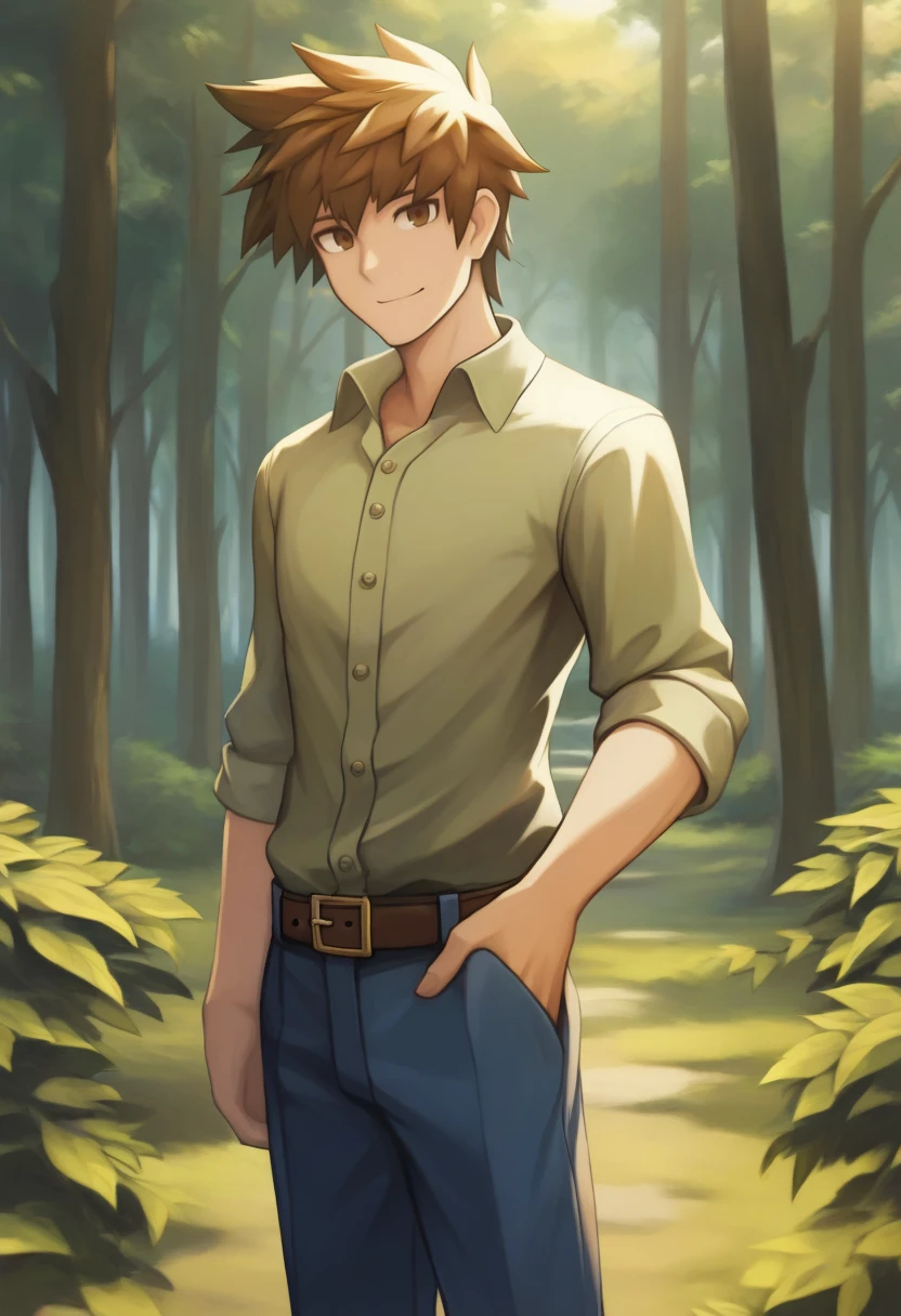 masterpiece, best quality, solo, 1boy, smile, looking at viewer, <lora:Guide-illus_Fp-000005:1>, guidetre, brown hair, brown eyes, short hair, spiked hair, green shirt, collared shirt, belt, blue pants, outdoors, forest,