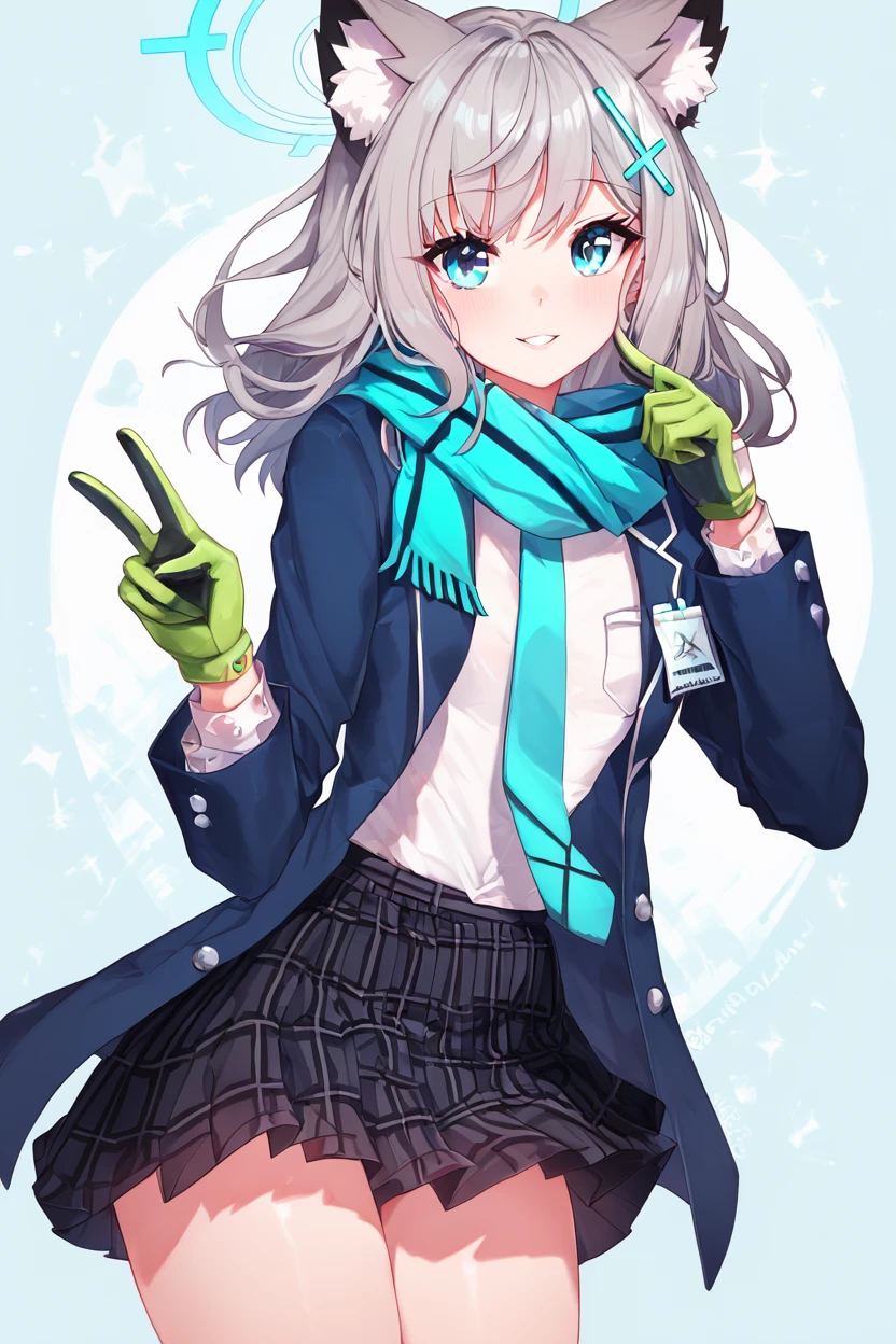 score_9, score_8_up, score_8, medium breasts, (curvy), cute, eyelashes,       BREAK, , ,,,  zzShiroko, blue eyes, animal ears, grey hair, wolf ears, animal ear fluff,  halo, hair ornament, cross hair ornament, mismatched pupils, extra ears, medium hair, blazer, blue scarf, long sleeves, open jacket, pleated skirt, school uniform, solo, blue jacket, blue necktie, hair between eyes, parted lips, plaid skirt, white shirt, black skirt, green gloves, <lora:Shiroko_BlueArchive_PDXL:1.0>,  ,,,  , BREAK, smile, closed mouth, looking at viewer, cowboy shot, ,,, embedding:zPDXL, Expressiveh, ,,, <lora:Puppypaww_Style_PDXL_v2:0.8>, <lora:SDXLFaeTastic2400:0.5>, <lora:Expressive_H-000001:0.4>,