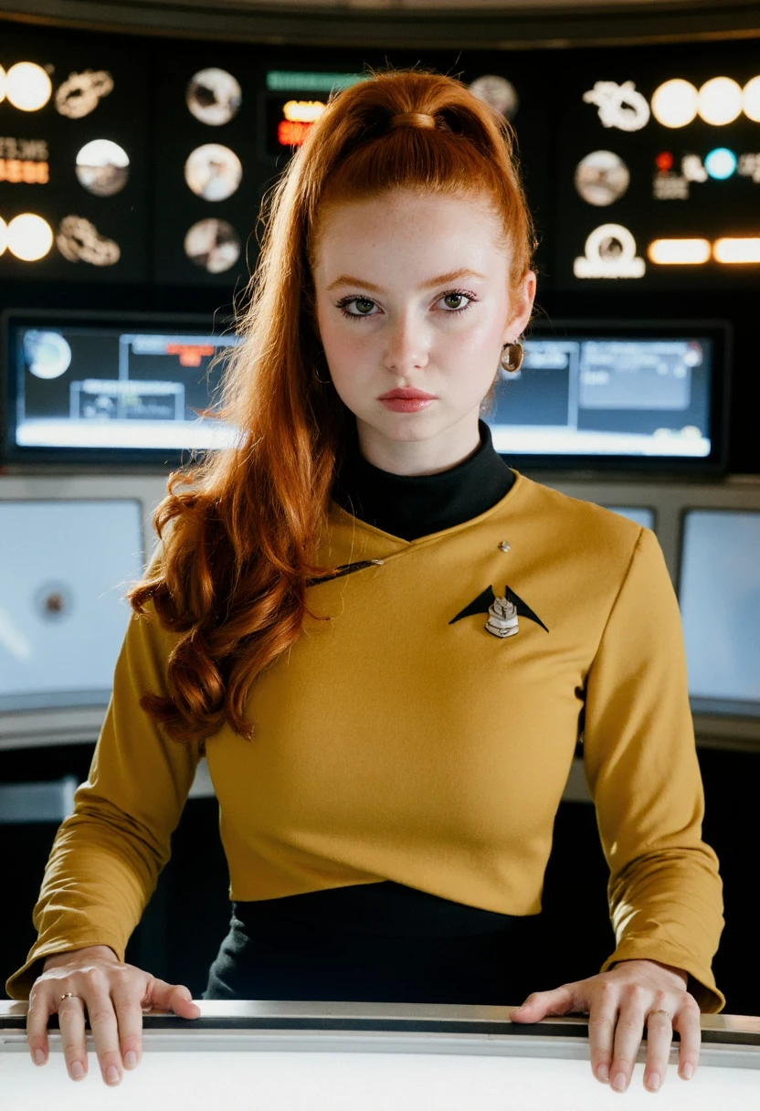 {    "T5": "A photograph of Francesca Capaldi, a ginger-haired human female, dressed in a 23rd-century Starfleet Sciences Division uniform, standing on the bridge of the USS Enterprise. Her bright orange hair is tied back in a tight ponytail, and her brigh...