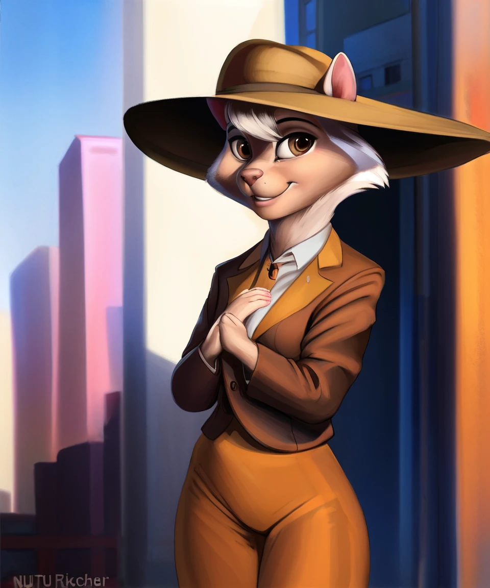 solo, sawyer, female, brown eyes, brown suit, wide brim hat, hands together, smile, detailed background, city street, by pixelsketcher,by anutka, <lora:Sawyer_01-Yiffymix-nd032-ep36:1>