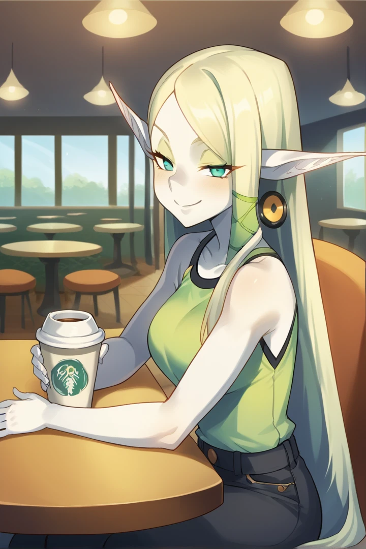 score_9, score_8_up, score_7_up, source_anime, prefect lighting, very aesthetic, BREAK, Cra, 1girl, female, blonde, sleek hair, long hair, elf ears, pale skin, green eyes, green and yellow earrings, circular earrings, casual clothes, green shirt, black pants, indoors, cafe, looking at viewer, smug face, dynamic pose, floating shoulder pads, official art, sitting, elbow on table, holding a coffee cup