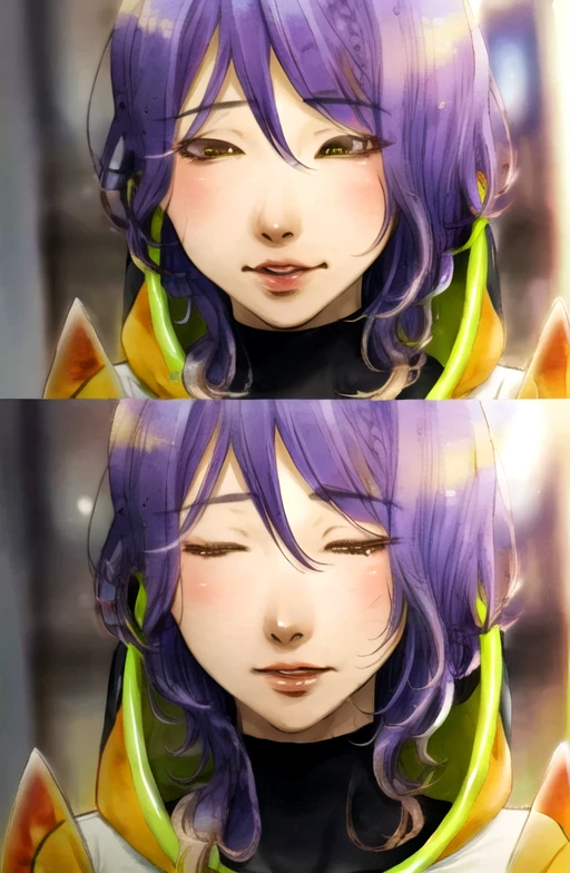 ((best quality)), ((masterpiece)), (detailed),   <lora:Gina-07:0.95>, gina, purple hair, yellow eyes,  blush, kiss, closed eyes