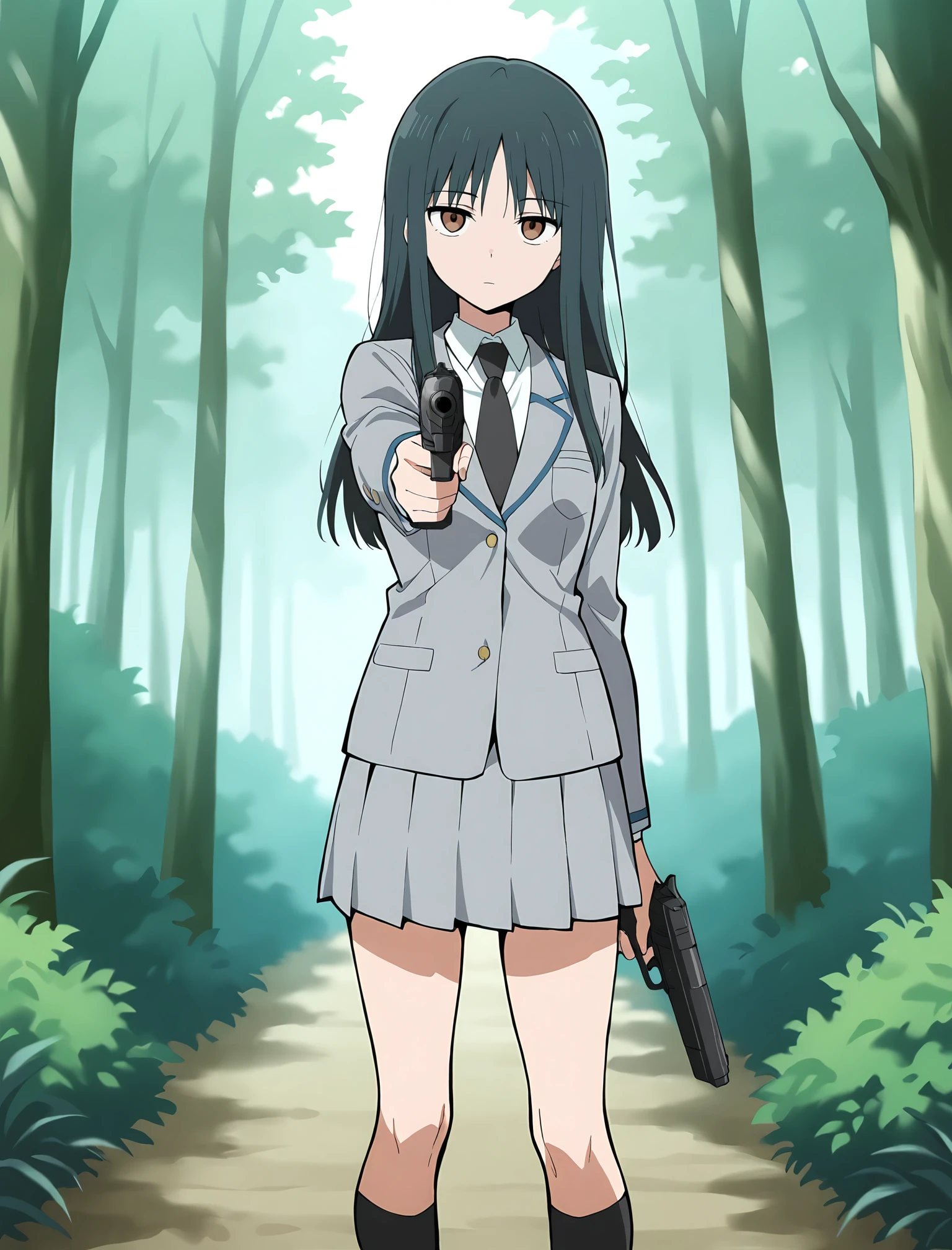 1girl,solo,Yukiko Kanzaki,black hair,long hair,brown eyes,school_uniform,gray jacket,gray skirt,white_shirt,collared_shirt,black necktie,black kneehighs,aiming_at_viewer,holding handgun,expressionless,depth_of_field,forest,
masterpiece,best quality,amazing quality,very aesthetic,absurdres,anime screenshot,<lora:Yukiko_Kanzaki_i1:1>,