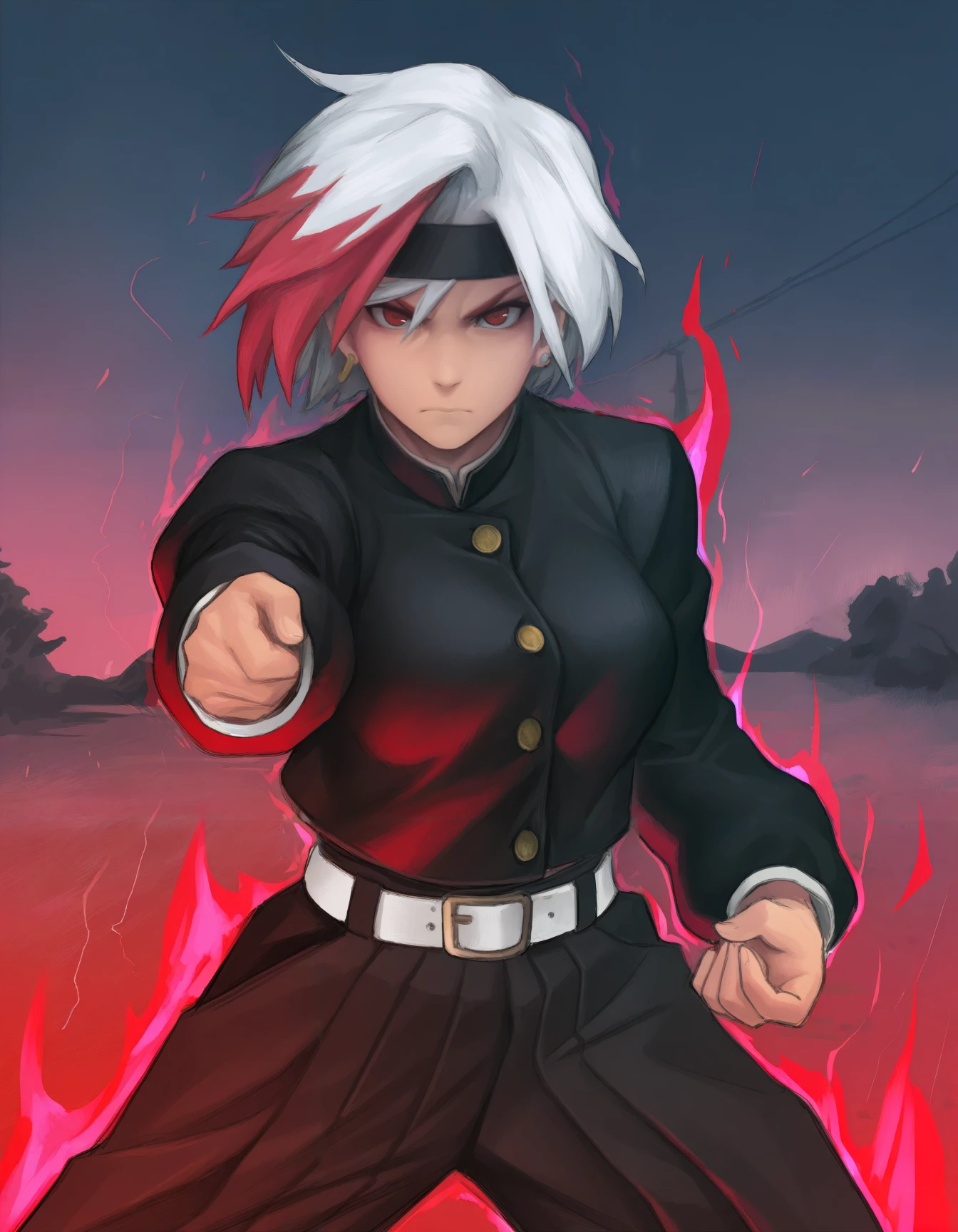 masterpiece, best quality, closed mouth, 1girl, solo, outdoors, night, dark, red theme, looking at viewer, varukyure, multicolored hair, white hair, red hair, short hair, red eyes, jewelry, earrings, collar, headband, black headband, toned, serious, cowboy shot, gakuran jacket, long sleeves, puffed sleeves, white belt, hakama pants, dynamic pose, fighting stance, aura, red aura, sketch, lineart, outstretched hand, reaching towards viewer,    <lora:Valkyrie:0.6>