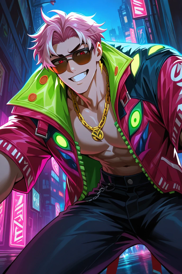 dark environment, dark, neon lighting, glowing, hiphop theme, male focus, leaning forward, looking down at viewer, expressive face, happy, SPFredrinnML, red_SPFredrinnML_eyes, pink_SPFredrinnML_male hair, gold_SPFredrinnML_earrings, grin, teeth, sunglasses, hiphop clothes, jacket, asymmetrical print on clothes, chain necklace, pants, 1boy, blurry outdoors city street, cityscape, scenery, from below, dutch angle, intricately detailed illustration, masterpiece,best quality,amazing quality,very aesthetic,absurdres,newest