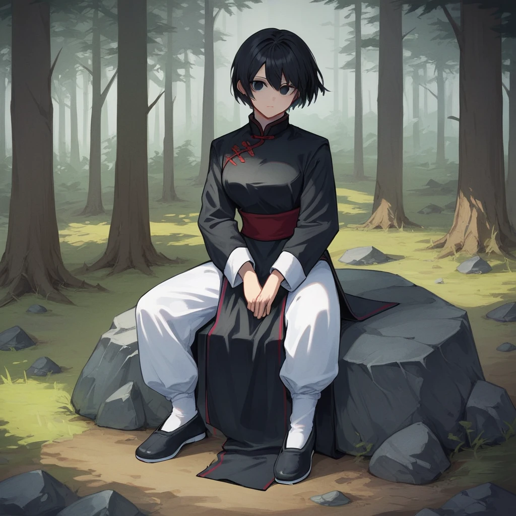 score_9_up, score_8_up, BREAK, KungFuUniform, 1girl, solo, black hair, short hair, black eyes, chinese clothes, white pants, black footwear, sitting on rock, <lora:KungFu_Uniform_PXL_Leaf1:1>, forest,