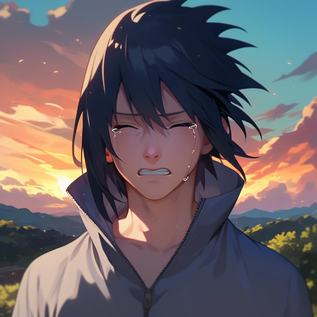 score_9, score_8_up, score_7_up, source_anime, detailed, novel illustration, wallpaper, sasuke uchiha, 1boy, hair between eyes, black hair, closed eyes, tears, crying, clenched teeth, grey shirt, collarbone, zipper, zipper pull tab, outdoors, sunset, sky, wind, portrait, upper body