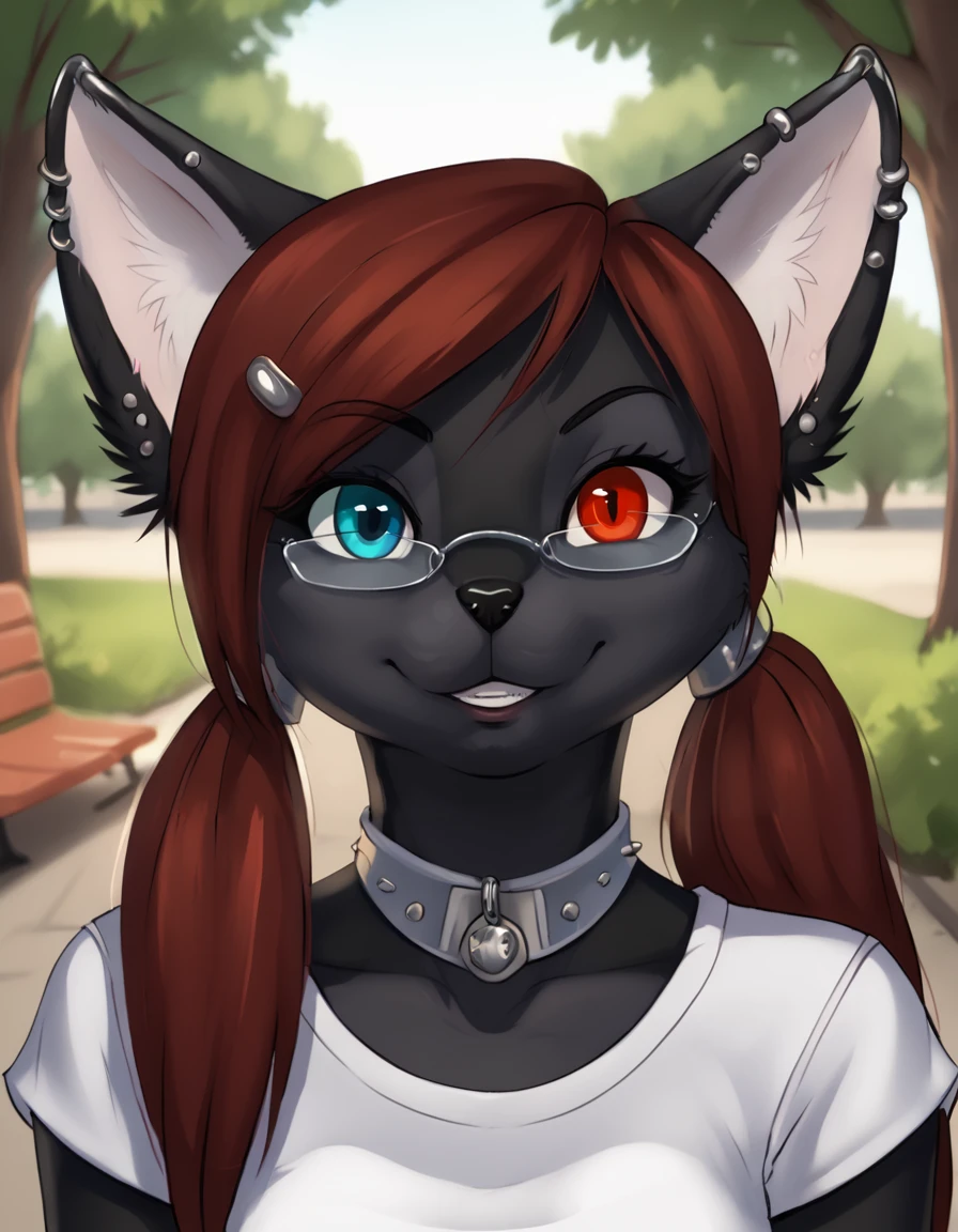 outdoors,detailed background,park,
Sherly_Karu,1girl,solo,animal ears,furry female,red hair,long hair,heterochromia,black fur,glasses,twintails,blue eyes,red eyes,piercing,collar,body fur,cat ears,animal nose,
headshot,seductive smile,parted lips, 
white t-shirt, 
<lora:Sherly_Karu_v01_PDXL:1>,