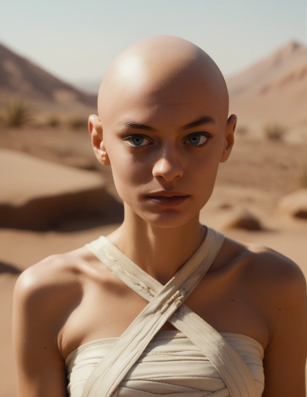 beautifu, blue eyes, desert background, solo, female, bald<lora:Cassandra_Nova:0.8> cassandra_nova, score_9, score_8_up, score_7_up, score_6_up