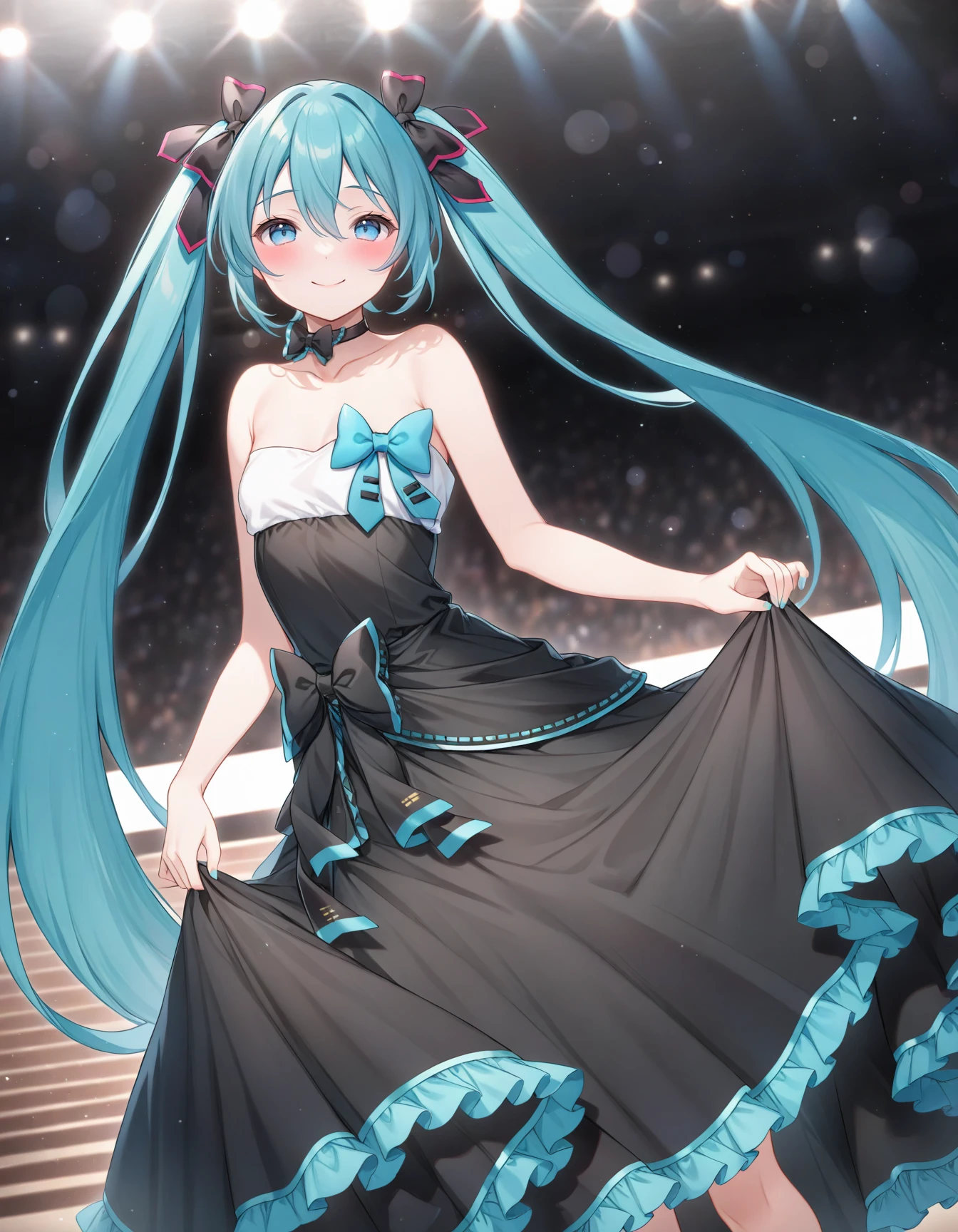 (miyuki \(miyuki0529\):1.1025),(nekonyan:1.1576),
mikusymphony2017, 1girl, hatsune miku, very long hair, blue eyes, hair between eyes, twintails, collarbone, black frilled dress, strapless long dress, bare arms, black bow, black choker, blue bow, 
smile, blush, aroused, cinematic lighting,  dynamic angle,
holding skirt, skirt lift, dress lift, looking at viewer, from below,
burry background, bokeh,
indoor, concert hall, concert,
masterpiece, best quality, amazing quality, very aesthetic, absurdres,
 <lora:Fixhands_anime_bdsqlsz_V1:1>  <lora:mikusymphony2017_anynoob10_B:0.8>,