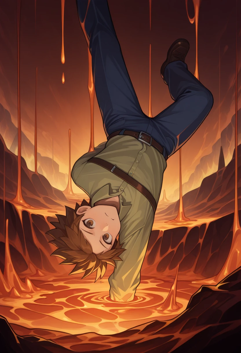 masterpiece, best quality, solo, 1boy, frown, looking at viewer, <lora:Guide-illus_Fp-000005:1>, guidetre, brown hair, brown eyes, short hair, spiked hair, green shirt, collared shirt, belt, blue pants, hell, falling, molten rock,