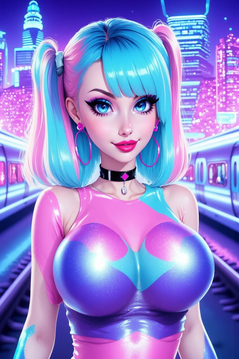 hocoma style, standing, woman with colorful light blue hair,
realistic woman, very sexy smile, high quality, at background A high-speed train slicing through a neon-lit cityscape, its sleek, reflective surface mirroring the vivid lights and towering skyscrapers of downtown.  
<lora:jiana_nyx_dreamy_angel_hocoma_style:1.0>