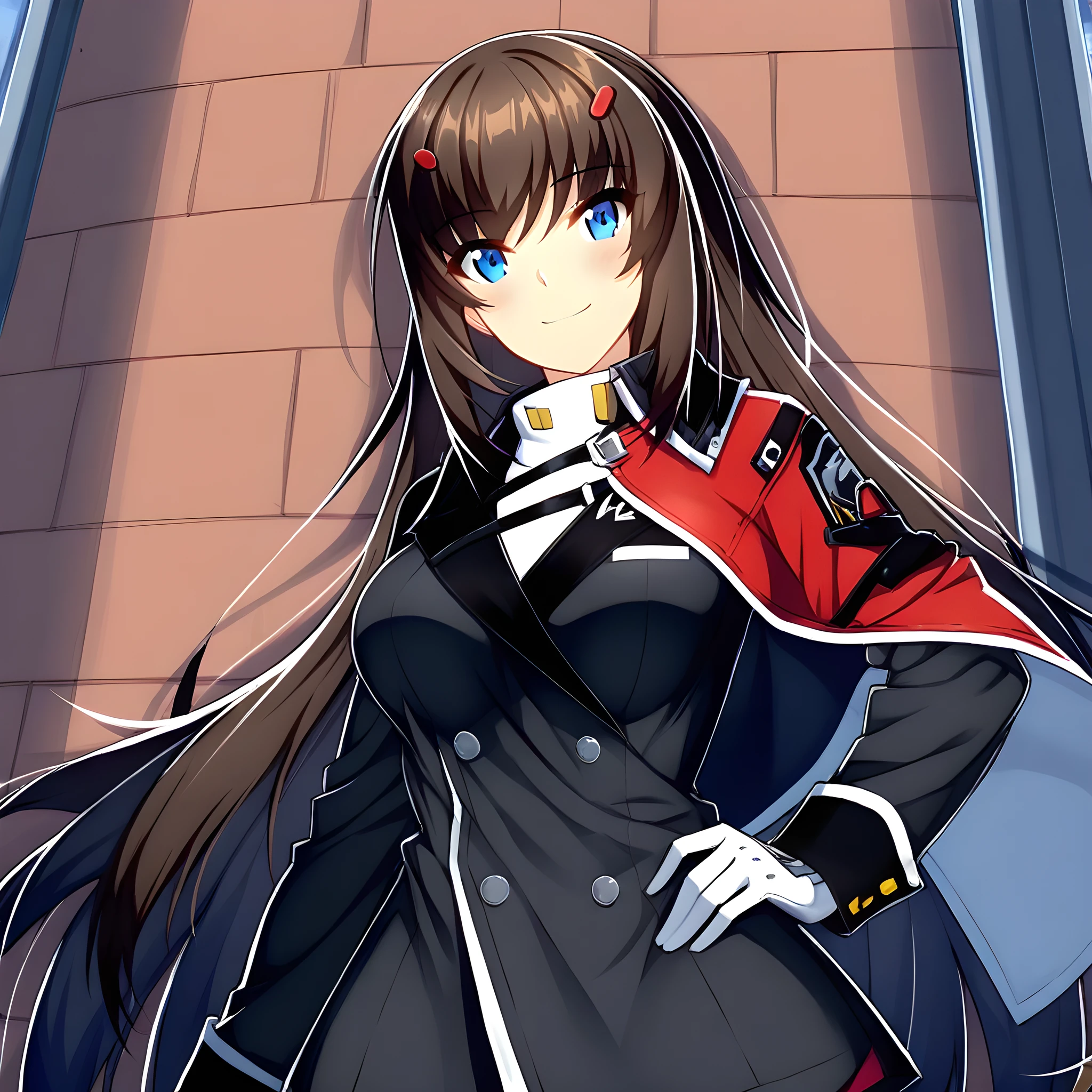 seo_yoon, 1girl, gloves, blue eyes, solo, hand on hip, white gloves, long hair, looking at viewer, hair ornament, smile, alleyway background, brown hair, normalform <lora:SeoYoonIllustXL:1>, (masterpiece),(best quality),(ultra-detailed),(best illustration),(best shadow),(absurdres),(detailed background),(very aesthetic),