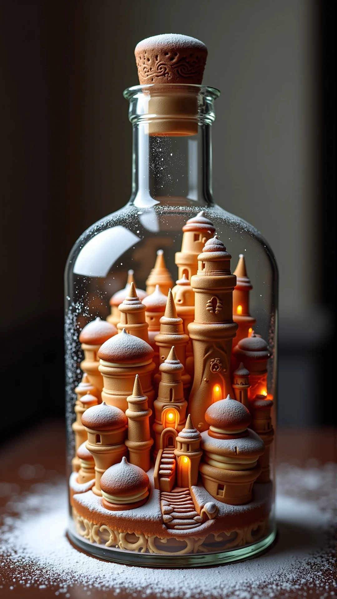 A photo of a SemlaStyle Upside-down city inside a glass bottle, steampunk-inspired architecture, glowing gas lamps, cobblestone streets, intricate piping and gears, brown and gold color scheme, dramatic chiaroscuro, detailed reflections in the glass, a sense of mystery and discovery, 45-degree angle view, high resolution. made entirely out of semla which made out of wheat material with whipped cream and with powdered sugar on top. Food craft.<lora:SemlaStyleFlux:1>