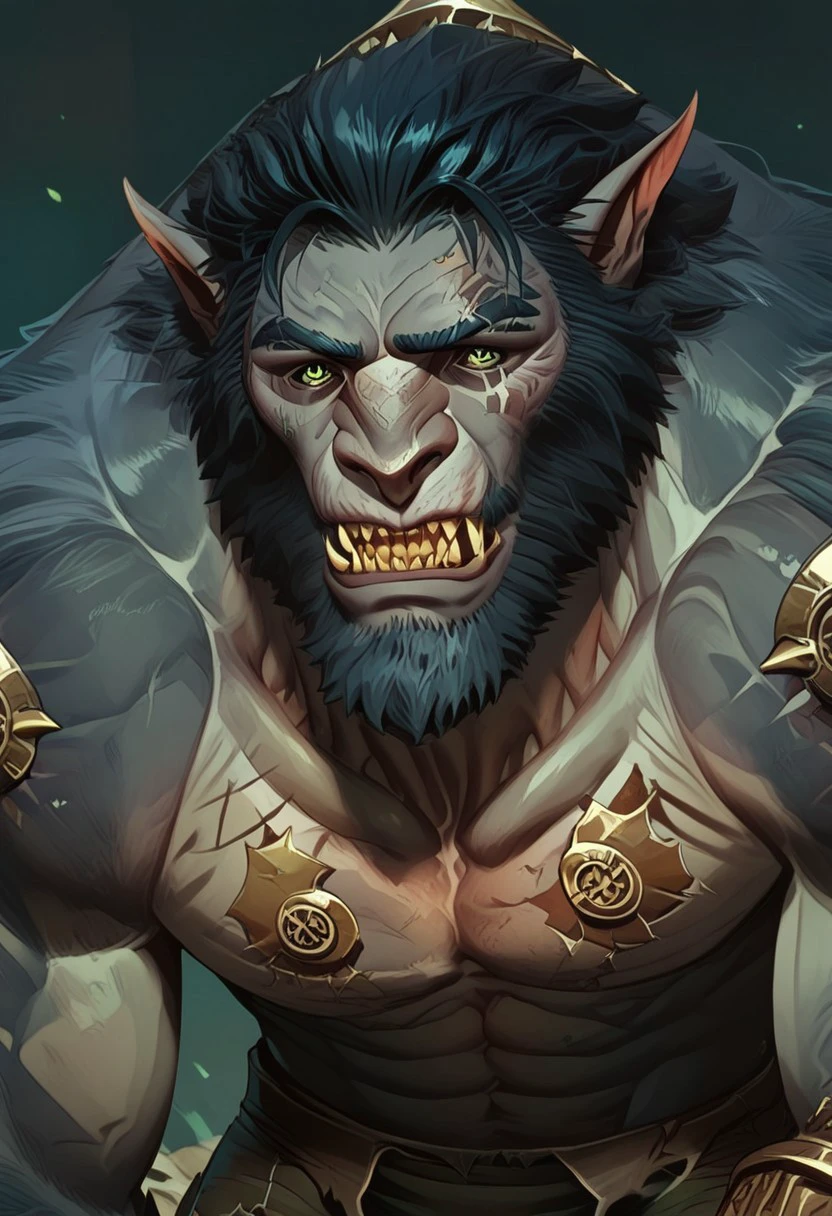 male focus, solo focus, solo, score_9, score_8_up, score_7_up, 1boy, WarwickArcaneV1, furry male, monster, monster boy, pointy ears, muscular male, beard, heterochomia, yellow eye, green eye, teeth, pointy ears, scar on face,