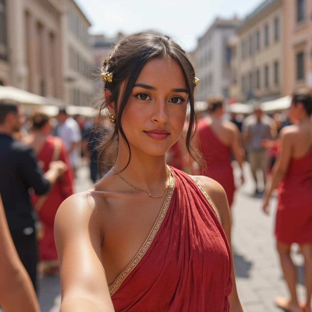 Instagram selfie of a woman during the ancient roman empire standing in the middle of a marketplace in ancient rome with people and merchants all around her. She has a toga on as would be befitting for a madam of the house and has a neutral expression. She has almost no makeup on. Her hair is in an intricate updo and held together by some golden hairpins., ,<lora:alexsaintmleux_local_merger_27_46_47_03_04_03:1>