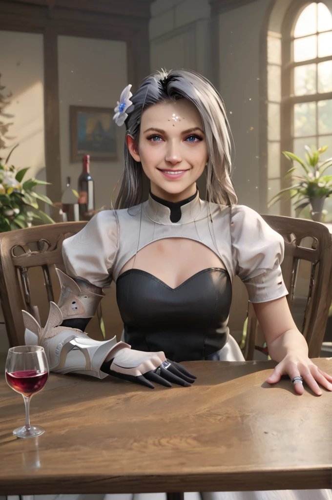 score_9, score_8_up, score_7_up, (sarah_xv, 1girl), gray hair, long hair, hair flower, white flower, blue eyes, detailed eyes, beautiful eyes, detailed face, beautiful face, facial marks, medium breasts, white dress, black bust, right armored arm, single glove, white boots, ring, <lora:FF_SarahPony09:0.8>, indoors, sitting on a chair, table, viewer sitting on same table, sitting against viewer, look at viewer, smile, wineglass on table, zPDXL2, zPDXLpg, zPDXLrl, shaded, best quality, highly detailed, extreme detail, photorealistic