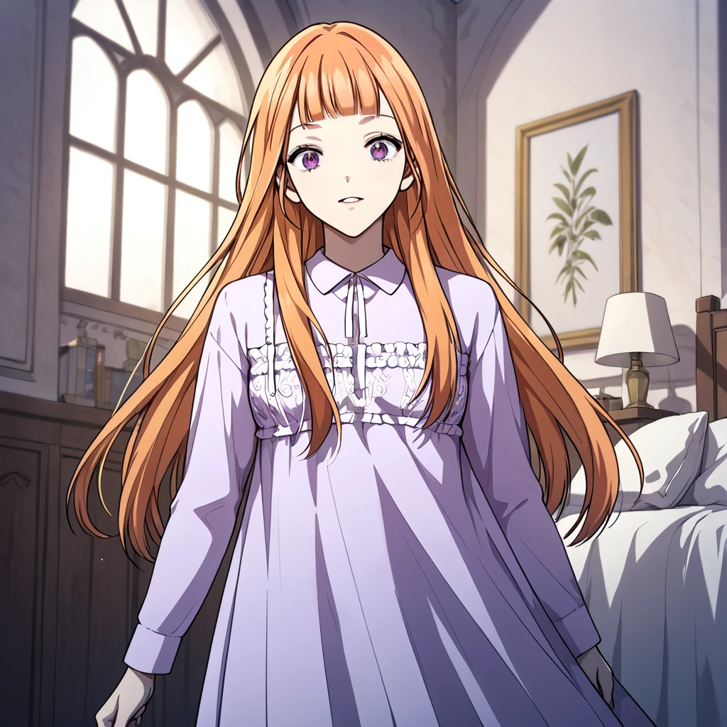 1girl, solo, sharelle, long hair, blunt bangs, bangs, orange hair, purple eyes, dress, nightgown, purple nightgown, long dress, breasts, 
looking at viewer,
score_9, score_8_up, score_7_up, masterpiece,zPDXL3, indoors, 
 <lora:Sharelle:0.85>