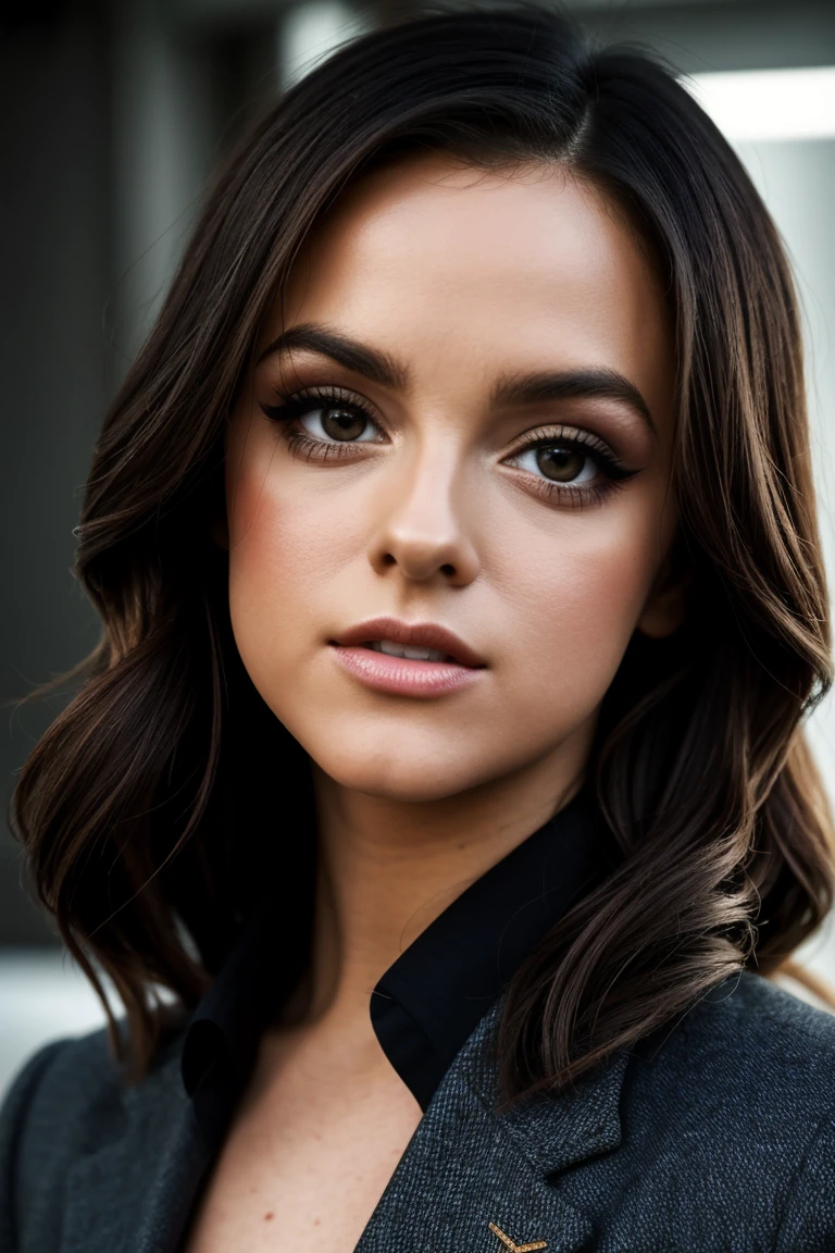 a (cinematic:1.3) of J4m13L31ghTh0rnt0n_HM-145, a 24 year old woman, perfect hair, (modern photo), wearing blazer, button-up, slacks, 35mm standard, Mars Habitat Prototype, Prototype habitat testing potential living conditions for Martian colonies., (epiCPhoto), (looking_at_viewer:1.1), (short style lighting), OverallDetail, SkinHairDetail, EyeDetail