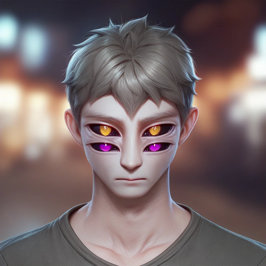 (((detailed, beautiful, high quality))), score_9, score_8_up, score_7_up, full body, solo, 4 eyes, 1 male, purple eyes, yellow eyes, black sclera, gray hair, short hair, gray shirt, looking at the viewer, posing, blurred background, fantasy background