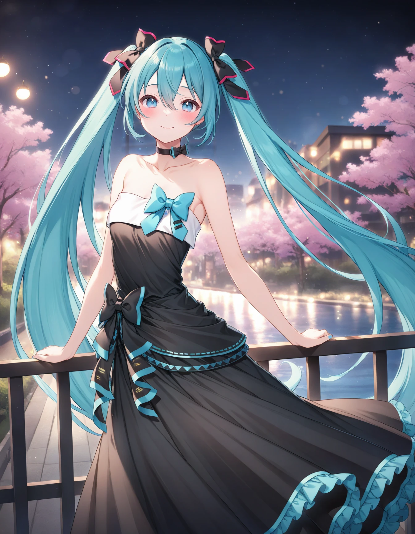 (miyuki \(miyuki0529\):1.1025),(nekonyan:1.1576),
mikusymphony2017, 1girl, hatsune miku, very long hair, blue eyes, hair between eyes, twintails, collarbone, black frilled dress, strapless long dress, bare arms, black bow, black choker, blue bow, 
smile, blush, aroused, cinematic lighting,  dynamic angle, looking afar,
against railing, railing, 
burry background, bokeh,
outdoor, cherry blossom, riverside, 
masterpiece, best quality, amazing quality, very aesthetic, absurdres,
 <lora:Fixhands_anime_bdsqlsz_V1:1>  <lora:mikusymphony2017_anynoob10_B:0.8>,