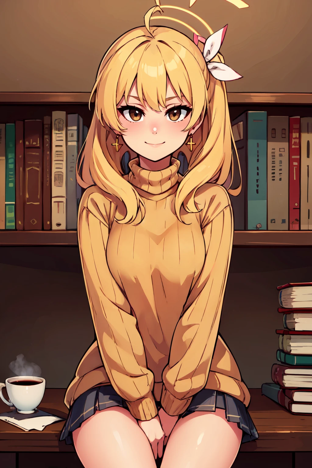 ((masterpiece,best quality)), absurdres,  BREAK, , <lora:Yoshimi_BlueArchive_Citron:0.8>,, zzYoshimi, blonde hair, hair ribbon, halo, ahoge, long hair, brown eyes, BREAK, turtleneck sweater, earrings, library, cup of coffee, sitting at table, BREAK, solo, smile, looking at viewer, cowboy shot,