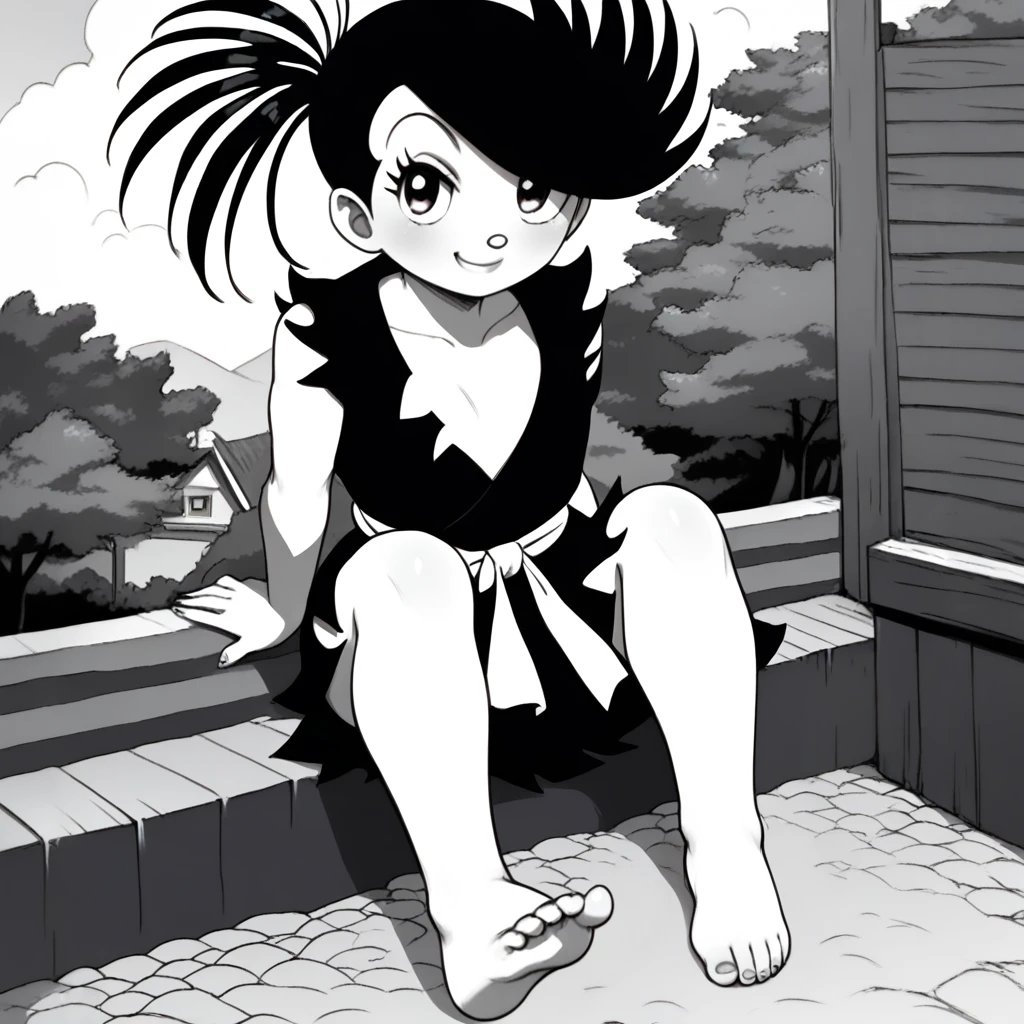 score_9,score_8_up,score_7_up, full body, (1girl, solo focus, looking at viewer, )   <lora:Dororo (manga) pony  3:1> Dororo , barefoot, score_9, source_anime,1girl, dororo_(tezuka),monochrome,greyscale, sleeveless ,center opening,collarbone,swept bangs, japanese clothes,sash, black hair, flat chest,ponytail, smirk,barefoot, sitting, forest, rural Japanese town,