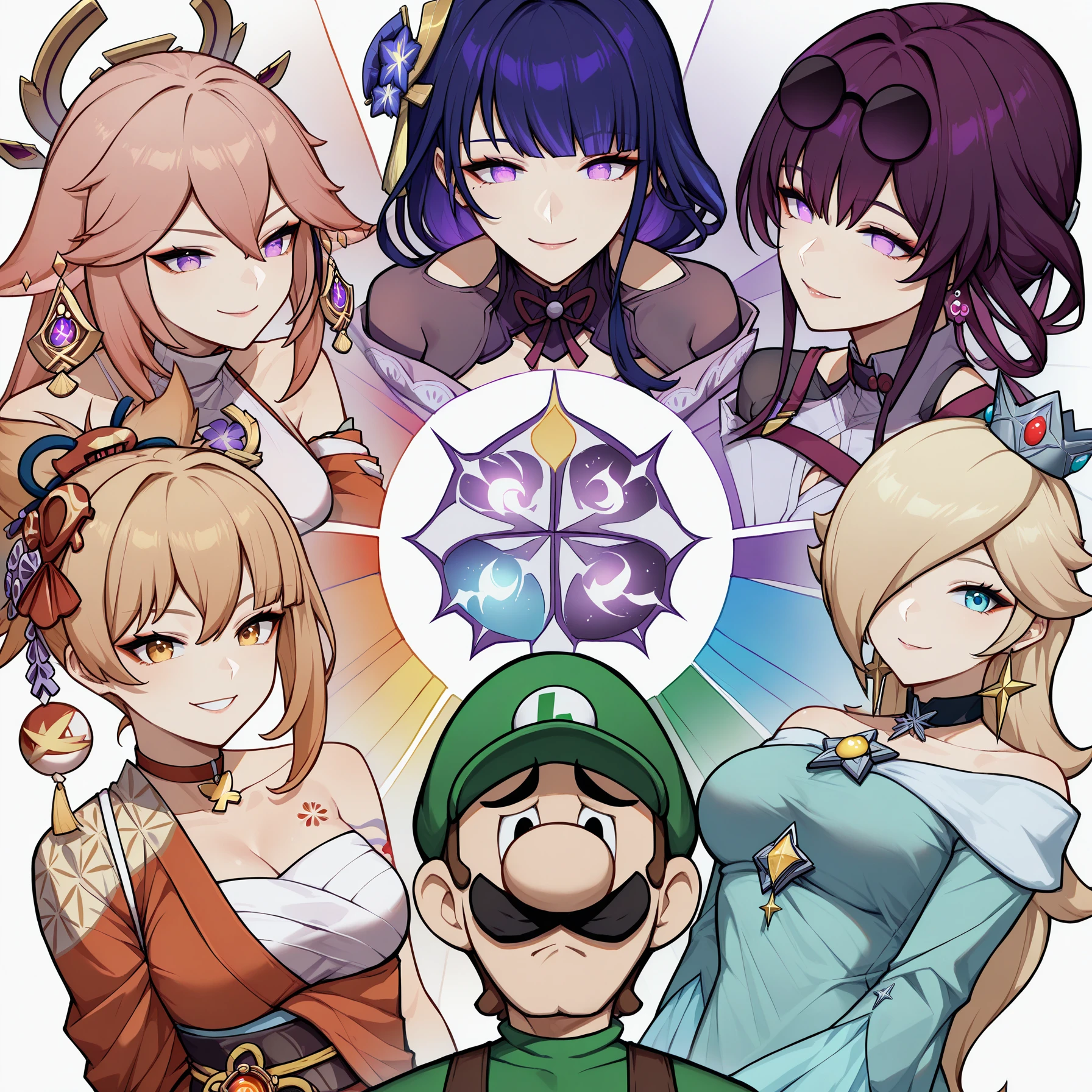 masterpiece, best quality, color wheel challenge, multiple girls, genshin impact, vision (genshin impact), 
yae miko,
yoimiya (genshin impact),
rosalina, 
kafka \(honkai: star rail\), 
raiden shogun, 
luigi,