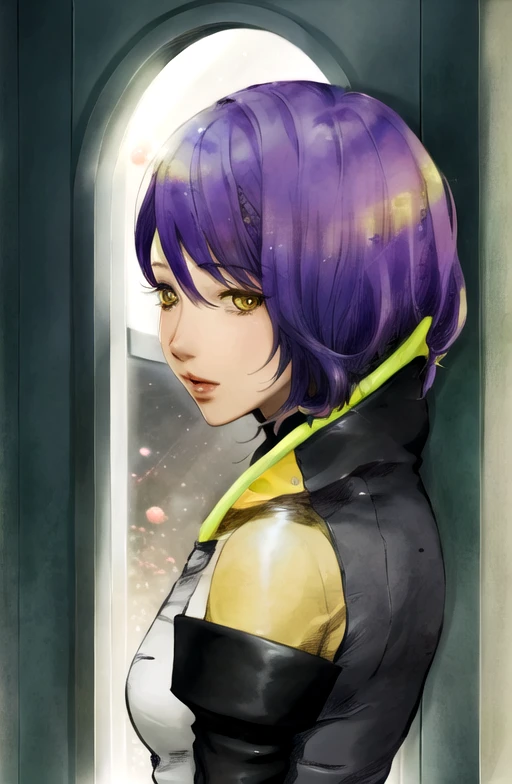 ((best quality)), ((masterpiece)), (detailed),   <lora:Gina-07:0.85> gina, purple hair, yellow eyes, looking at the window, space, scifi, slide view