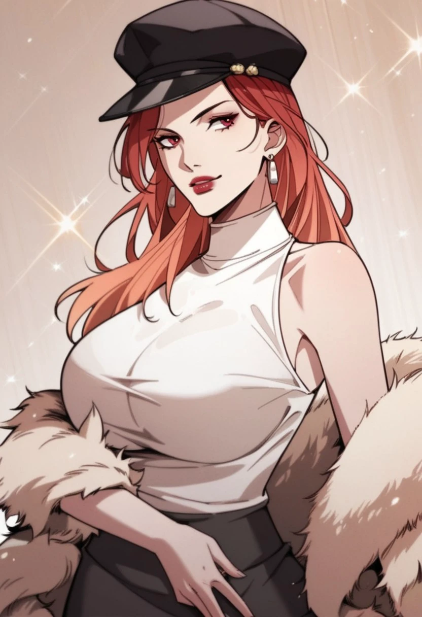 score_9, score_8_up, score_7_up, BREAK, TaoYaoying, long hair, gradient hair, red hair, orange hair, red eyes, large breasts, red lips, makeup, TaoIncognito, black hat, stud earrings, turtleneck, sleeveless shirt, white shirt, fur coat, black skirt, pencil skirt, 1girl, solo,