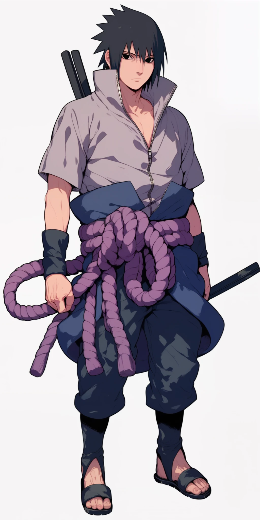 score_9, score_8_up, score_7_up, source_anime, detailed, novel illustration, sasuke uchiha, 1boy, hair between eyes, black hair, black eyes, looking at viewer, grey shirt, short sleeves, collarbone, zipper, zipper pull tab, rope, ninja, standing, pants, sandals, full body, white background, simple background