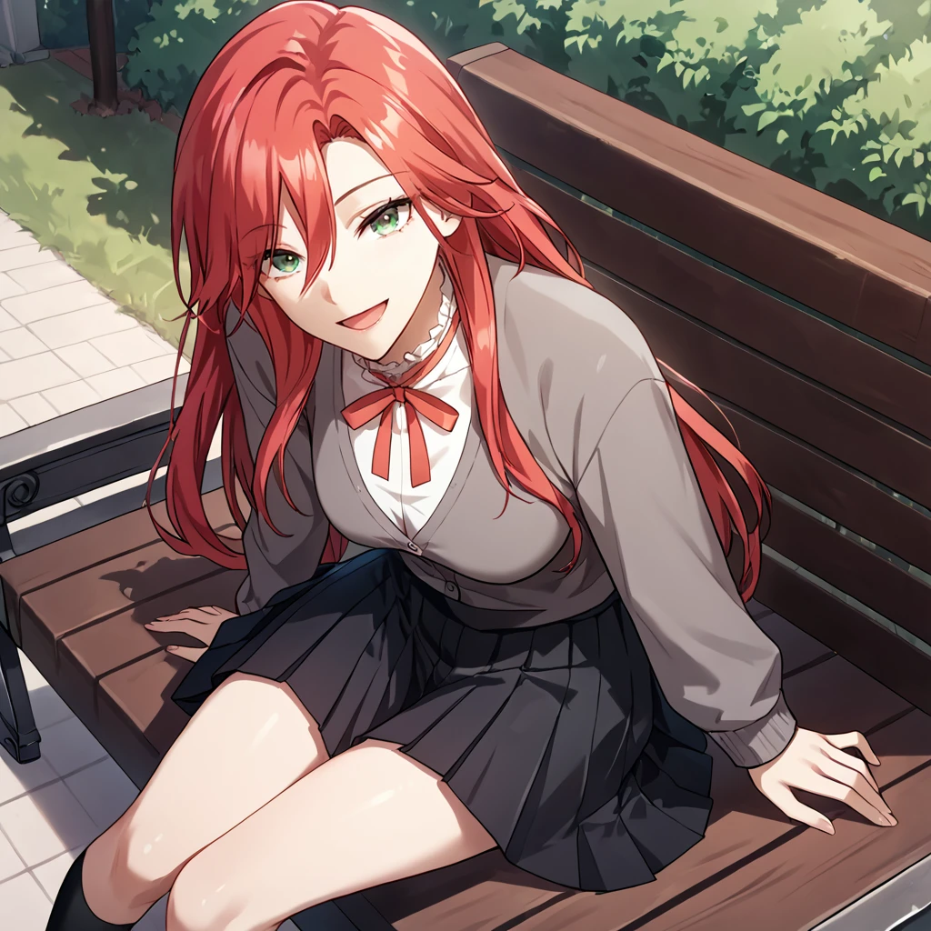 1girl, solo, amy_karmis, green eyes, red hair, long hair, breasts, bangs, hair between eyes, ribbon, neck ribbon, red ribbon, white shirt, frilled collar, school uniform, grey vest, grey cardigan, black skirt, 
looking at viewer, sitting, black socks, smile, from above, head tilt, smile, open mouth, bench, 
score_9, score_8_up, score_7_up, masterpiece,zPDXL3, outdoors, 
 <lora:Amy_Karmis:0.65>