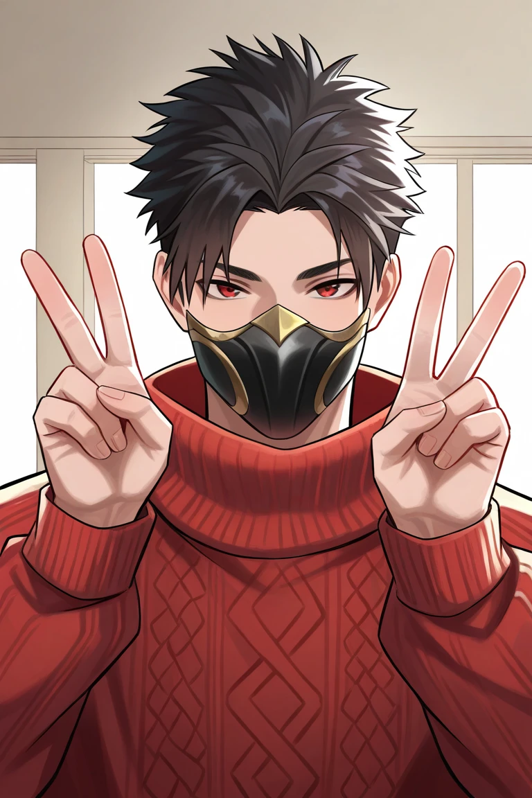 day, natural lighting, cute wallpaper, masked male focus, double v, looking at viewer, smiling, expressive face, HayabusaML, red_HayabusaML_eyes, black_HayabusaML_spiked hair, mask, sweater, 1masked male, indoors, straight-on, intricately detailed illustration, masterpiece, best quality, amazing quality, very aesthetic, absurdres, newest