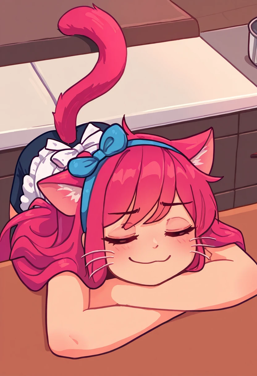 masterpiece, best quality, 1girl, solo, <lora:NSStylistTerraria:1> NSStylistTerrariaIllu, pink hair, long hair, closed eyes, hairband, hair bow, cat ears, cat tail, whiskers, sleeping on table, on stomach, :3, white apron, kitchen, smug, full body, from above