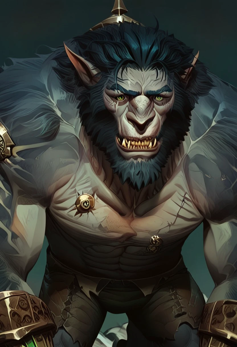 male focus, solo focus, solo, score_9, score_8_up, score_7_up, 1boy, WarwickArcaneV1, furry male, monster, monster boy, pointy ears, muscular male, beard, heterochomia, yellow eye, green eye, teeth, pointy ears, scar on face,