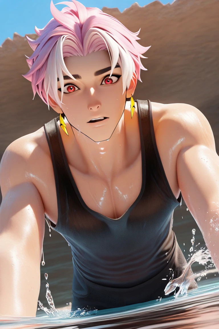 3D, 3D character, day, natural lighting, summer theme, water, water droplet, water splash, ocean horizon, male focus, leaning forward, looking down at viewer, surprised, expressive face, SPFredrinnML, red_SPFredrinnML_eyes, pink_SPFredrinnML_male hair, gold_SPFredrinnML_earrings, parted lips, summer clothes, wet clothes, black tank top, 1boy, blurry outdoors, scenery, from below, dutch angle, intricately detailed illustration, masterpiece,best quality,amazing quality,very aesthetic,absurdres,newest