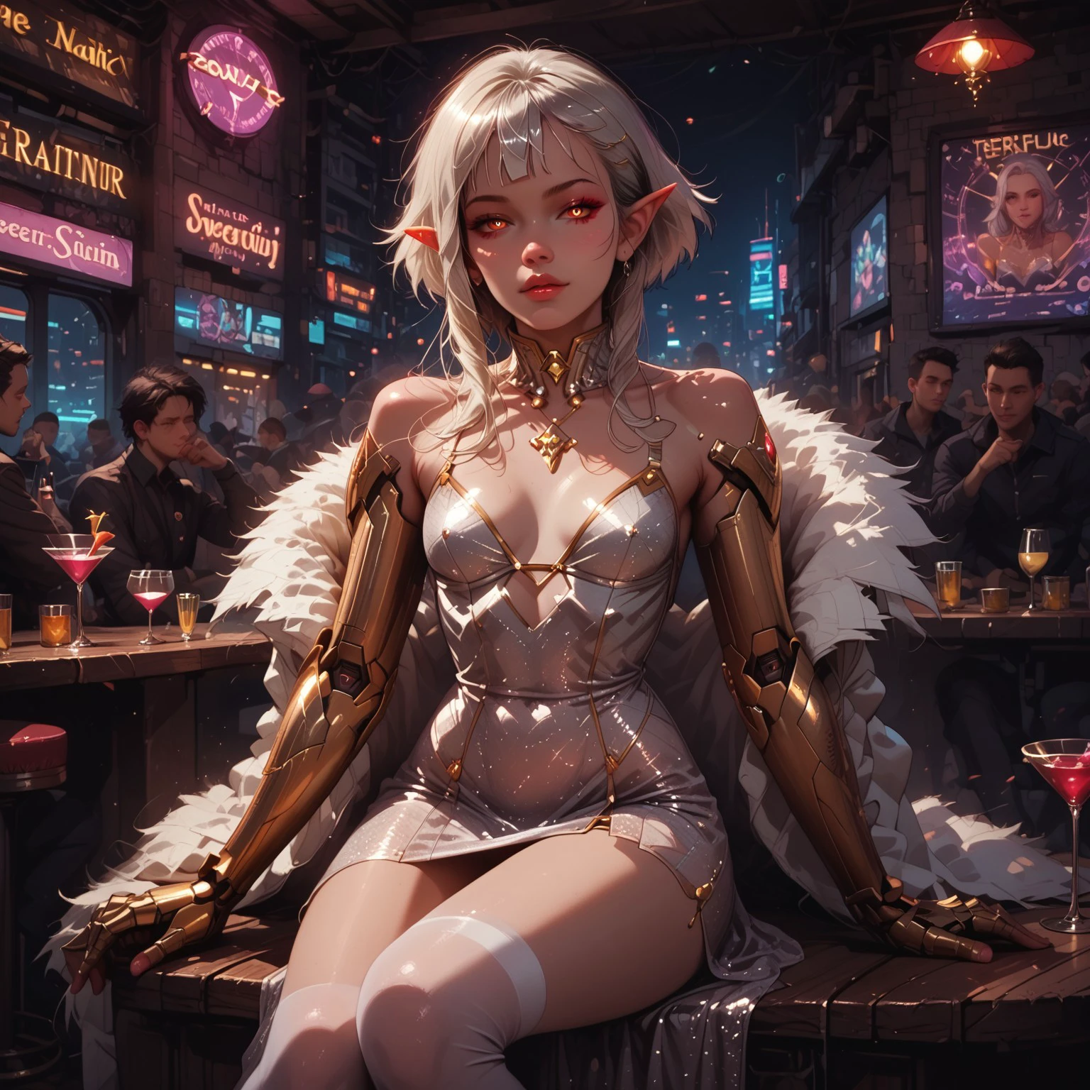 safe_pos, score_9, score_8_up, score_7_up, Ana, elf, (elf ears:1.2), witch, short hair, red eyes, platinum blonde hair, detailed eyes, (e-girl makeup:1.2), (high neck evening dress:1.5), (silver sequin dress:1.5), (white thigh highs:1.2), (white fluffy fur coat:1.4), (sultry expression:1.5), seductive, sultry, sexy, petite body, ((gold cybernetic arms:1.7)), nighttime, (martini in hand:1.4), sitting at bar, intricate artwork, sharp, 8k, breathtaking, crystalline, filigree, hyperrealism, lush detail, perfectionism, sharp focus, 1girl, solo, semi realistic, source_cartoon, full body shot, cyberpunk club, large window in back showing cyberpunk city, neon lights, neon, dramatic angle, cyberpunk, Expressiveh, high contrast, 