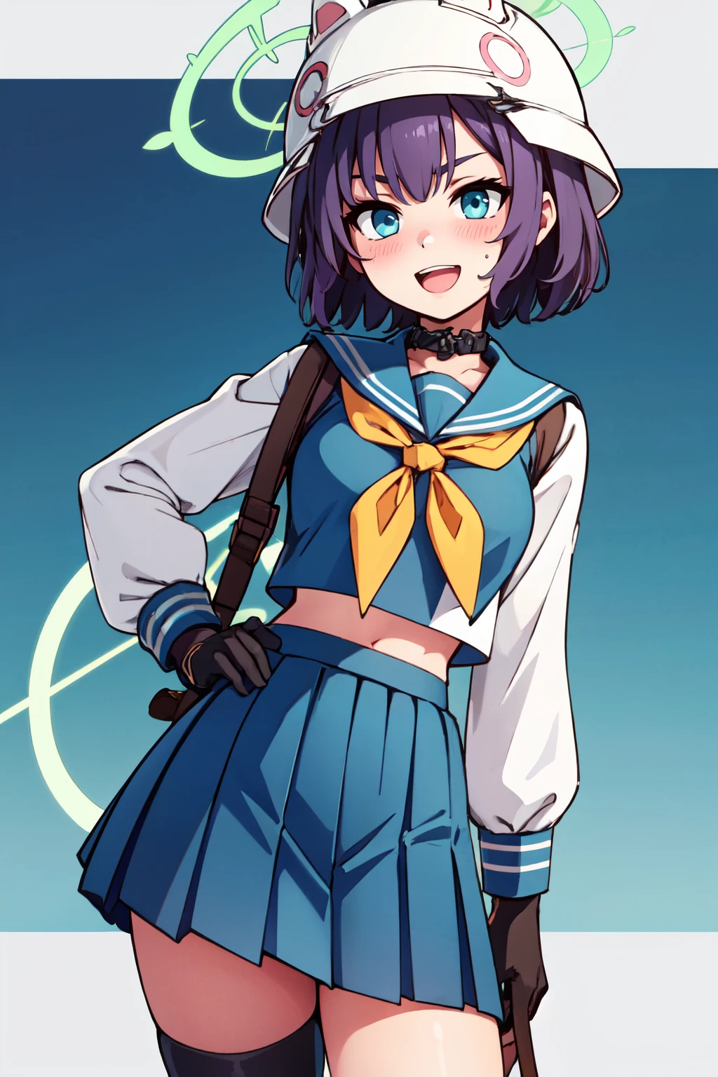 ((masterpiece,best quality)), absurdres,  BREAK, , <lora:Saki_BlueArchive_Citron:0.8>,, zzSaki, short hair, halo, purple hair, hat, blue eyes, bucket hat, green halo, black headwear, black gloves, blue sailor collar, helmet, long sleeves, yellow neckerchief, pleated skirt, animal ears, blue serafuku, blue skirt, knee pads, open mouth, black hair, blush, green eyes, white skirt, black footwear, boots,  hat, blue sailor collar, blue serafuku, blue skirt, yellow neckerchief, black gloves, knee pads  , BREAK, hip to the side, contrapposto, cowboy shot,, BREAK, solo, smile, looking at viewer, cowboy shot,