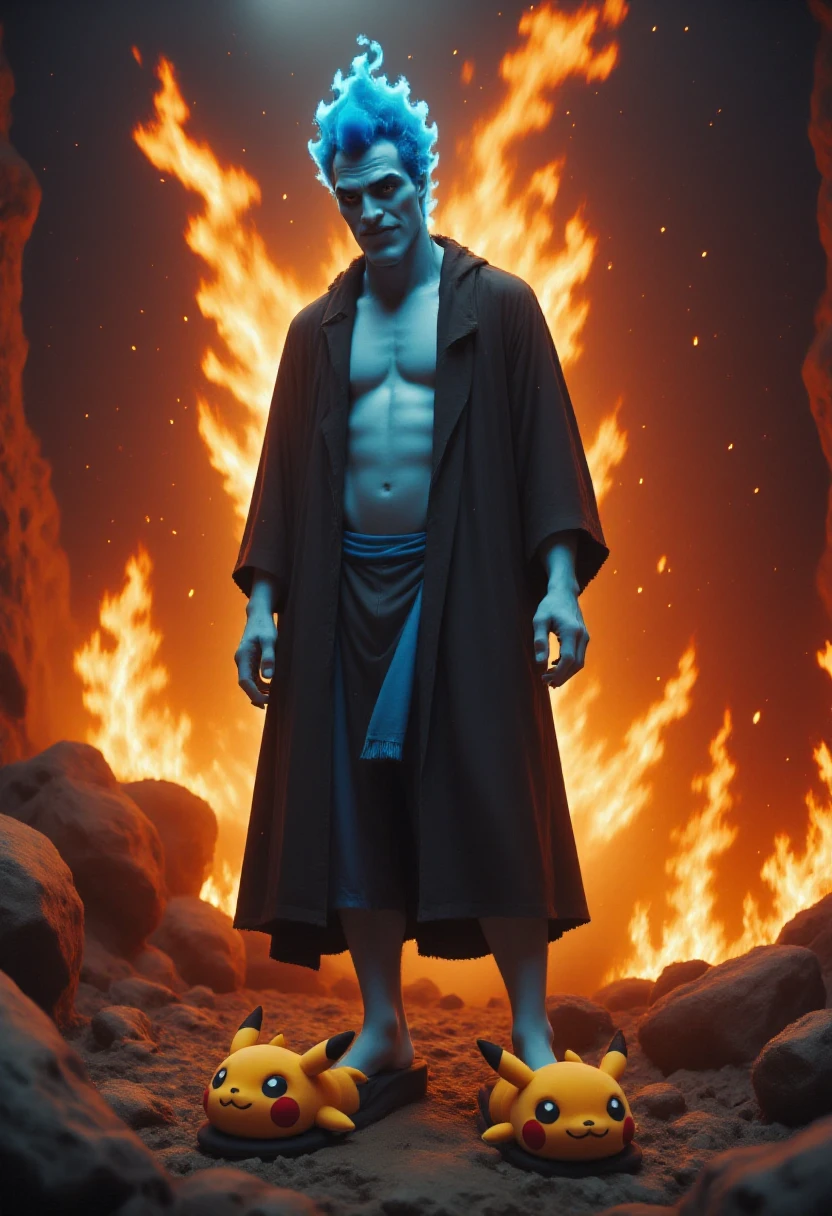 <lora:Plush_Slipper_Shaper_FLUX:0.9>  <lora:Hades_Disneys_Hercules_FLUX:0.8>
Photograph showcasing a Male Hades with blue flame hair and blue skin wearing a pair of slippers shaped resembling pikachu, in a flaming hellscape.