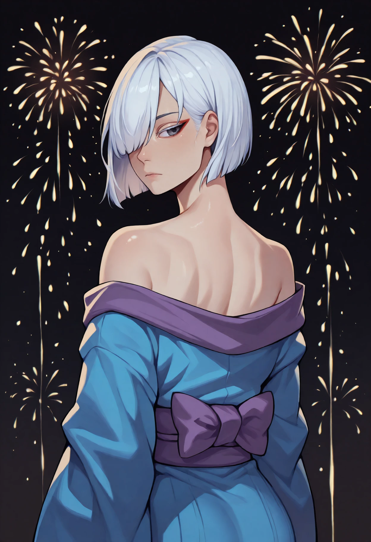 anime, masterpiece, best quality, <break> from behind, solo, 1girl, fionadef, expressionless, looking back, short hair, white hair, hair over one eye, grey eyes, japanese clothes, blue kimono, off shoulder, purple sash, bare shoulders, fireworks
<segment:yolo-Anzhc Face seg 640 v2 y8n.pt,0.4,0.5//cid=1>