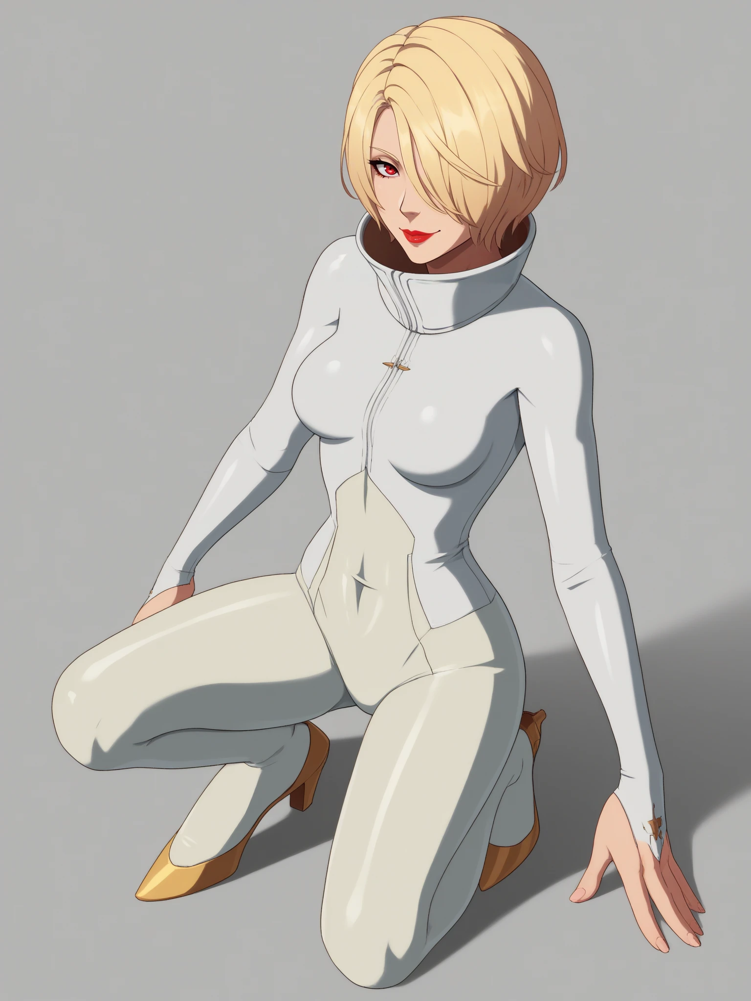 uncensored, score 9 up, score 8 up,
 <lora:Guilty_Gear_Strive_Sanctus_Maximus_Populi_Ariels_Character_PonyXL:.6>sanctus_maximus_populi_ariels_strive, 1girl, short hair, blonde hair, high collar, hair over one eye, white bodysuit, looking at viewer, red eyes, long sleeves, smile, lipstick, skin tight, red lips, makeup, high heels, medium breasts,