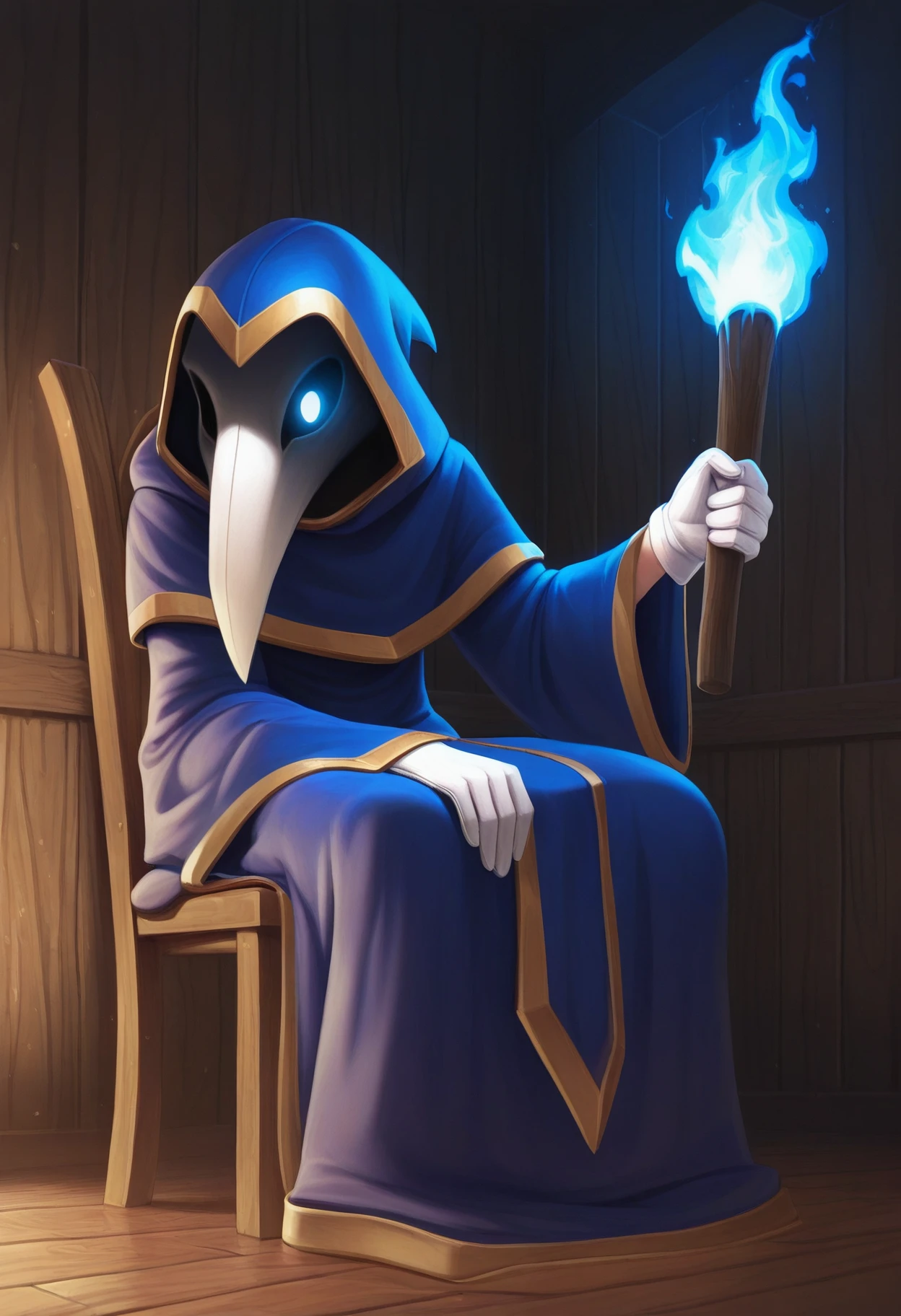 masterpiece, best quality, 1boy, solo, male focus, <lora:lunaticcultist-terraria-richy-v1_ixl:1> lunaticcultist, plague doctor mask, blue robe, hood up, wide sleeves, glowing eyes, white gloves, sitting, indoors, wooden chair, wooden floor, wooden wall, torch, blue fire