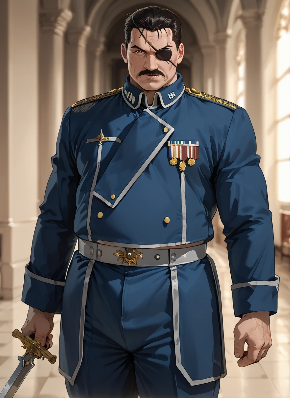 score_9,score_8_up,score_7_up,mature male,manly,rough skin,veins,daddy,chubby,looking at viewer,zPDXLrl,detailxl,<lora:King_Bradley:0.95>,kingbradley,mustache,eyepatch,military uniform,blue jacket,black hair,blue butt cape,blue pants,white waistband,medal,holding sword,<lora:macro_bear_sdxl_v1.2:0.15>,macrobear,body hair,obese,bara,