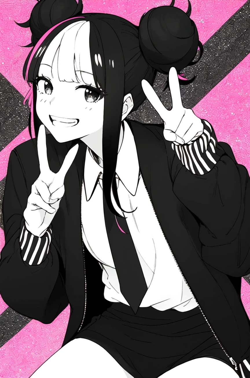 smiling, grinning, sparkling eyes, (monochrome_background:1.0) , pink highlights, hair highlights,  black hair, (black_jacket:1.2), striped jacket, peace sign, v sign,Hinao_(Kagurabachi), 1girl, Double bun hairstyle, sidelocks, odango hairstyle, dual-toned hair, dual colored hair, brown eyes, necktie, formal clothing, white shirt, skirt, hair ribbon, formal pants, cute, light colored skin, sitting down